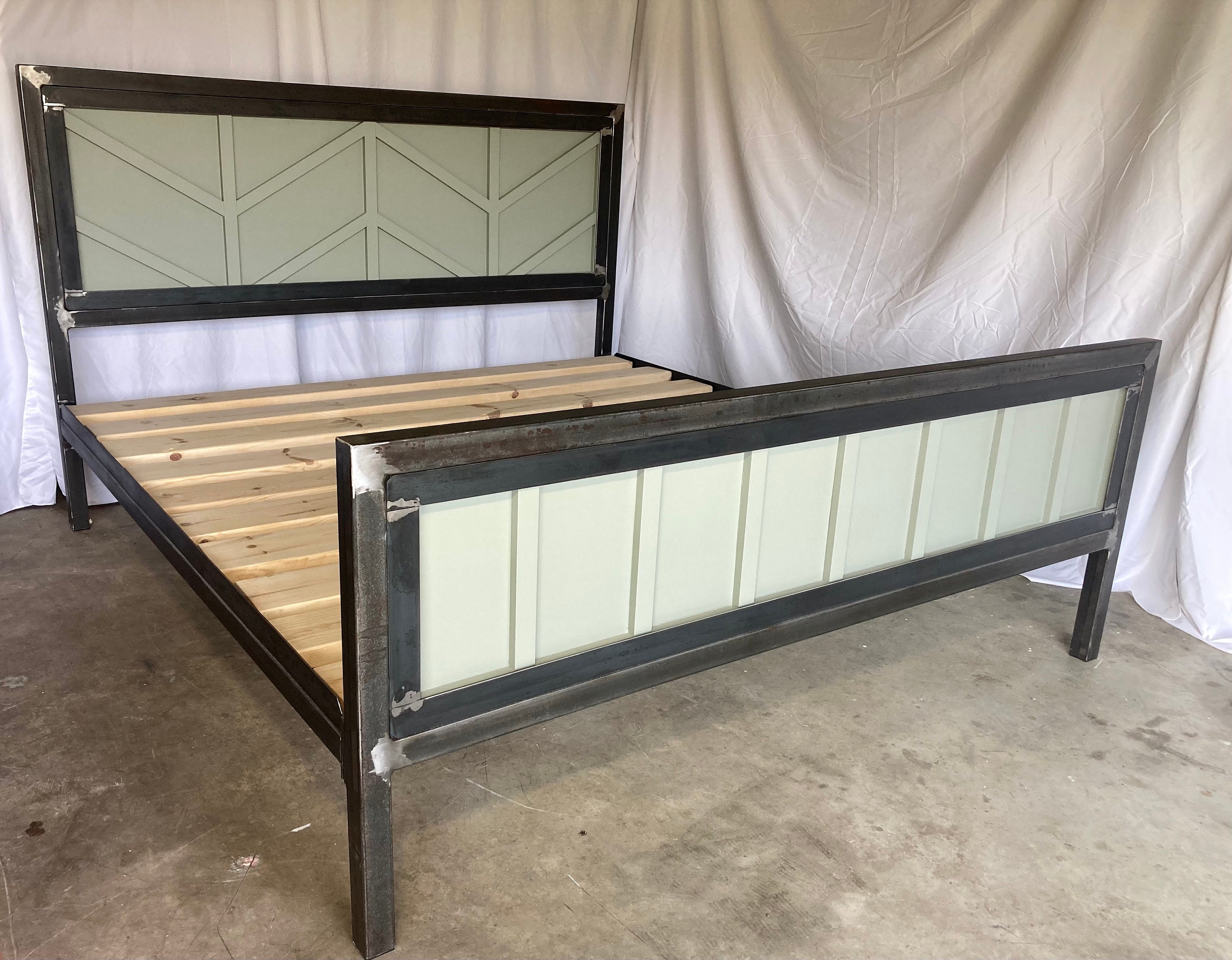 Photo inspiration: Inexpensive Industrial Metal Bed Frames Reference: Industrial Steel Bed Frame Geometric Headboard And Footboard Rustic