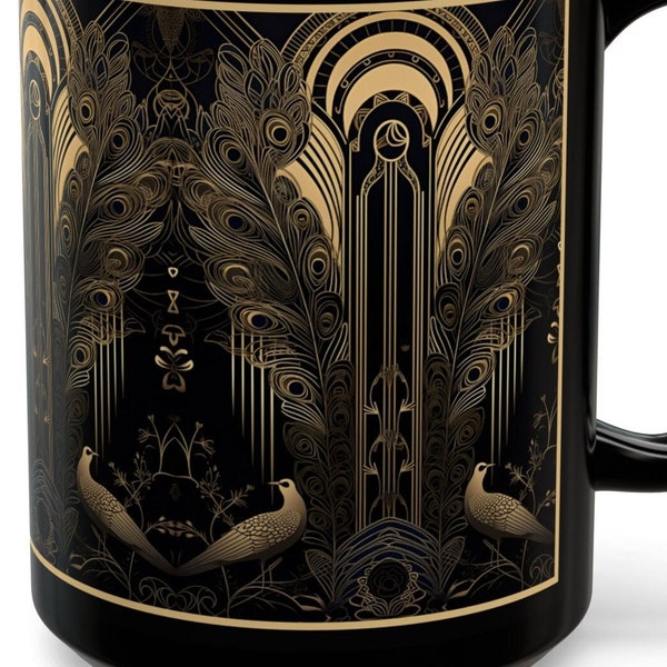 Art Deco Golden Filigree Bird large 15 oz ceramic mug, inspired by design styles popular in 1920s-1930s, perfect for daily use or as a gift