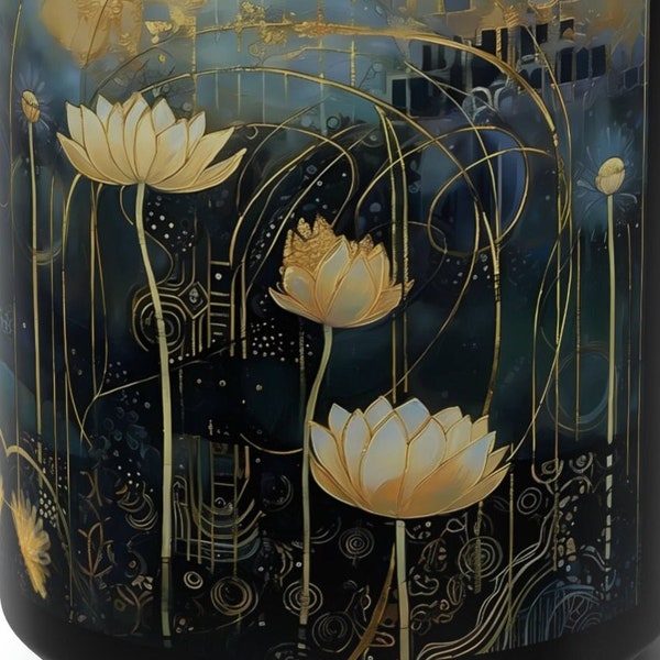 Art Nouveau Lotus Flowers, large 15 oz. mug, stylish and practical, dishwasher and microwave safe, eye catching and beautiful coffee cup