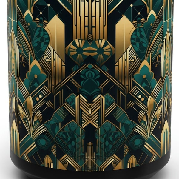 Green And Gold Art Deco Pattern 15 oz Mug classic vintage design 1920s inspired Jazz Age styling large size sturdy coffee mug Flapper era