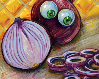 May include: A whimsical painting of red onions with cartoon eyes and green irises. One onion is sliced in half, revealing purple and white layers. Sliced onion rings are scattered nearby, with a yellow tiled background.