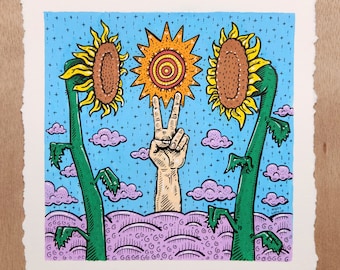 Peace Sign with Sunflowers Acrylic by Matt Godwin, Original Painting / Ink Drawing, Art 6"x6", Paper (Deckled) ~7"x7"