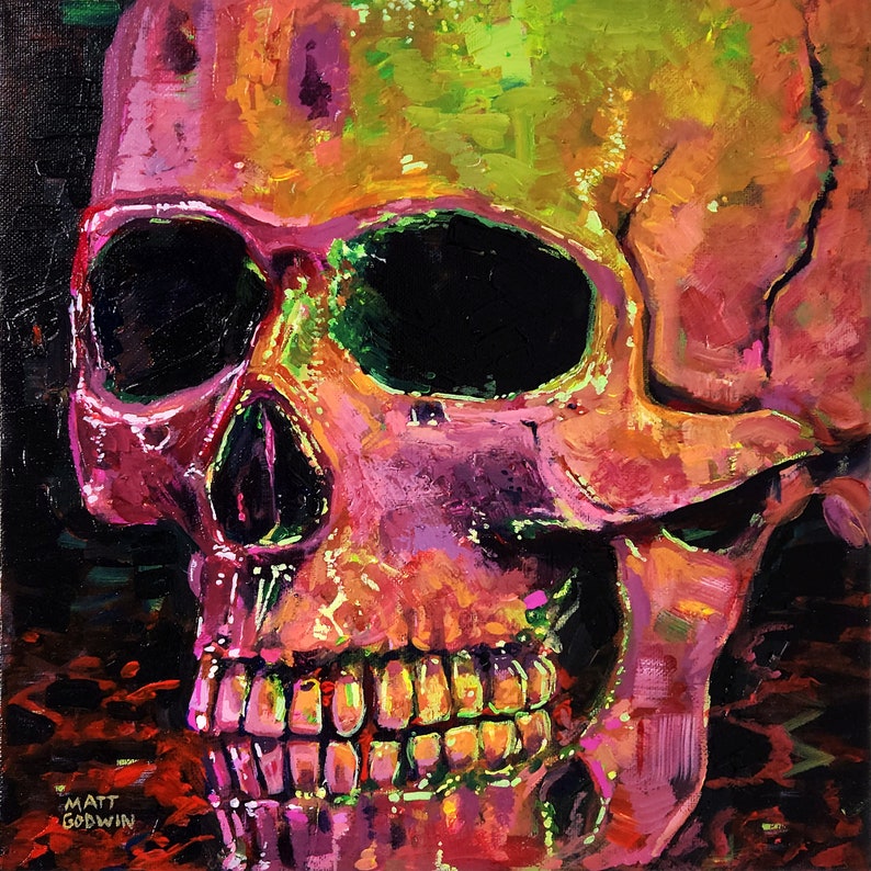 Acid Skull Painting by Matt Godwin, Original Art, Acrylic on Stretched Canvas, 12x12 5/8 deep image 1