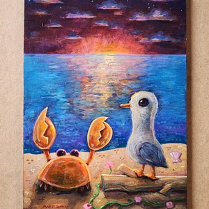 Sunrise Beach Friends, Small Painting of Crab and Seagull by Matt Godwin, Original Art, Acrylic on Wood, 5x7 image 1