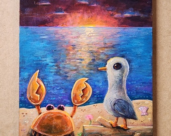 Sunrise Beach Friends, Small Painting of Crab and Seagull by Matt Godwin, Original Art, Acrylic on Wood, 5″x7″