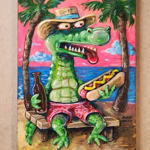 Florida Beach Gator, Small Painting by Matt Godwin, Original Art, Acrylic on Wood, 5x7 image 1