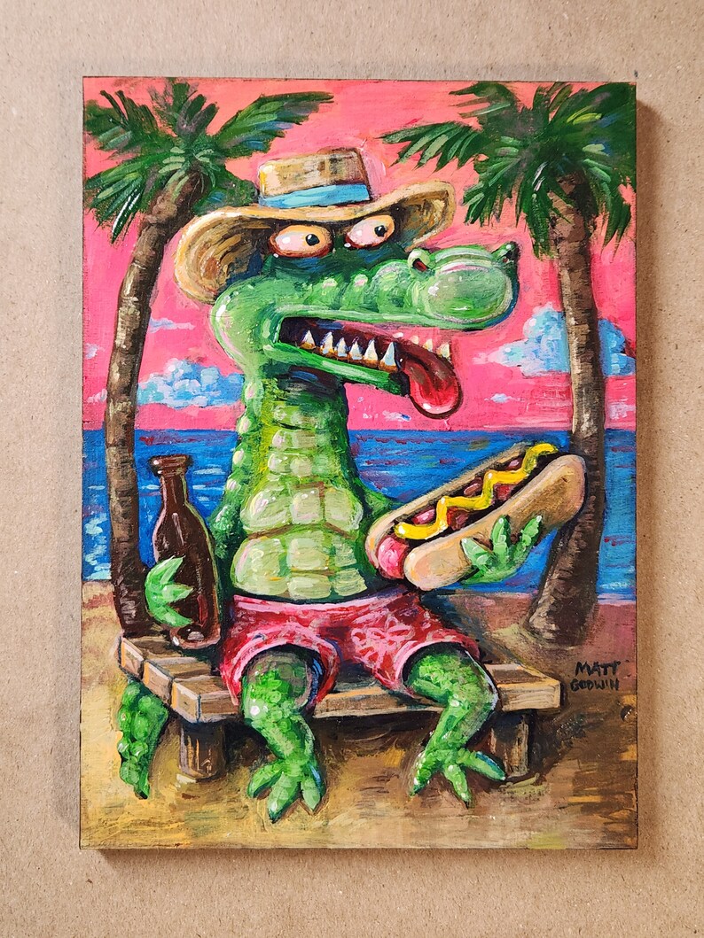 Florida Beach Gator, Small Painting by Matt Godwin, Original Art, Acrylic on Wood, 5x7 image 1