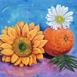 Orange and Flowers Acrylic Painting by Florida Artist Matt Godwin 20"x16" (Framed: 21.5" w x 17.5" h x 1.8") image 2