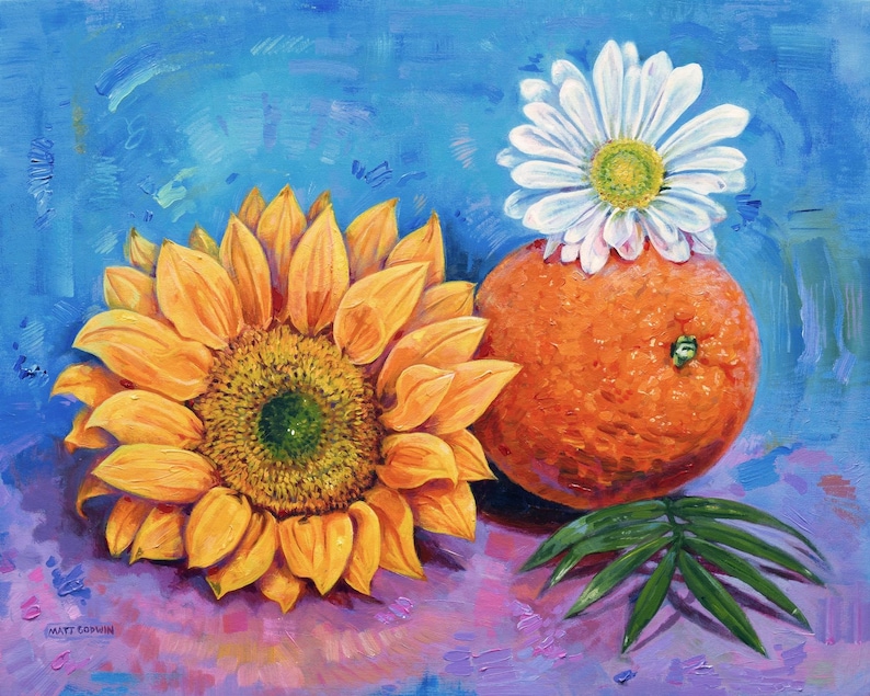 Orange and Flowers Acrylic Painting by Florida Artist Matt Godwin 20"x16" (Framed: 21.5" w x 17.5" h x 1.8") image 2