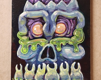 Slime Skull, Small Painting by Matt Godwin, Original Art, Acrylic on Wood, 5″x7″