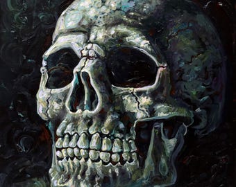 May include: Oil painting of a human skull, rendered in shades of gray, green, and white against a dark background. The skull's details, including teeth and bone structure, are visible. The artist's signature is in the bottom right corner.
