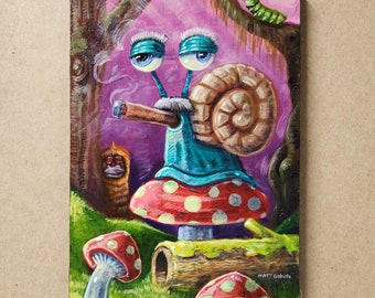 Groucho Snail in Mushroom Forest, Small Painting by Matt Godwin, Original Art, Acrylic on Wood, 5″x7″