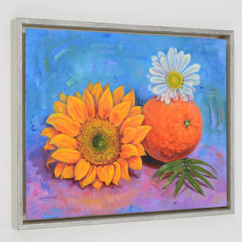 Orange and Flowers Acrylic Painting by Florida Artist Matt Godwin 20"x16" (Framed: 21.5" w x 17.5" h x 1.8") image 3
