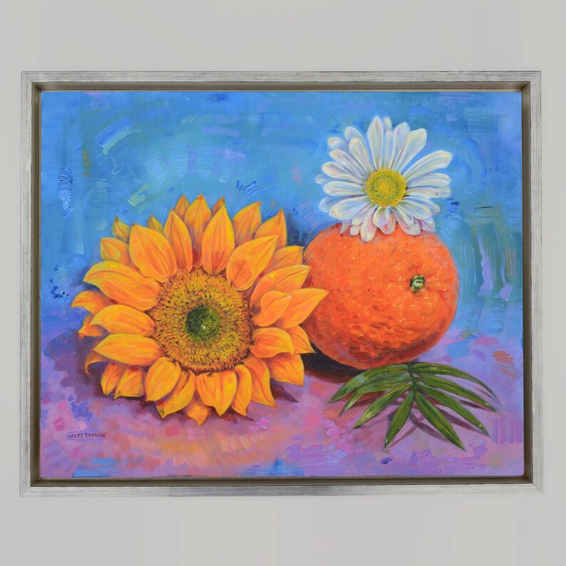 Orange and Flowers Acrylic Painting by Florida Artist Matt Godwin 20"x16" (Framed: 21.5" w x 17.5" h x 1.8") image 6