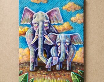 Elephants (Mother with Baby), Small Painting by Matt Godwin, Original Art, Acrylic on Wood, 5″x7″