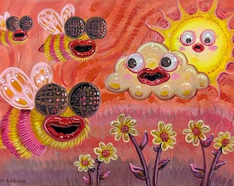 Bees Lip Filler Painting on Wood 7x5 by Florida Artist Matt Godwin