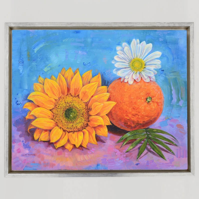 Orange and Flowers Acrylic Painting by Florida Artist Matt Godwin 20"x16" (Framed: 21.5" w x 17.5" h x 1.8") image 1
