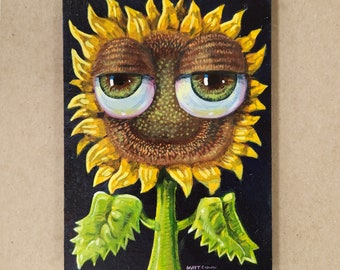 Sunflower with Bulbous Eyeballs, Small Painting by Matt Godwin, Original Art, Acrylic on Wood, 5″x7″