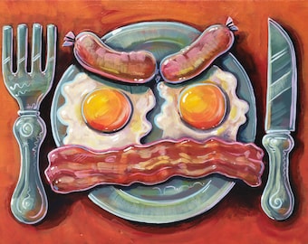 May include: A painting of a breakfast plate with two fried eggs, bacon, and two sausage links. The plate is on a red background with a fork and knife on either side.
