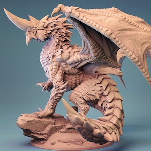 Puede incluir: Figura de dragón beige con detalles intrincados, grandes alas y cuernos. El dragón está posado sobre una pequeña base de roca. El texto "PRE-SUPPORTED STL" es visible en la parte inferior de la imagen.