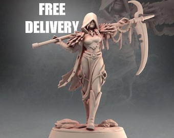 May include: A 3D printed miniature of a female figure with a hooded cloak, feathered wings, and a curved weapon. The figure is posed in a dynamic stance, holding the weapon in one hand and a shield in the other. The miniature is painted in a light brown color.