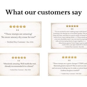 K&ouml;nnte beinhalten: Eine grafische Darstellung mit dem Titel What our customers say, die vier F&uuml;nf-Sterne-Bewertungen von verifizierten Etsy-Kunden zeigt. Das Layout enth&auml;lt schwarze Strichzeichnungen eines zwanzigseitigen W&uuml;rfels und einer Drachensilhouette.