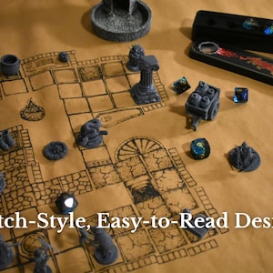 K&ouml;nnte beinhalten: Eine Spielmatte f&uuml;r Tabletop-Spiele mit einem aufgedruckten Dungeon-Plan in schwarzer Linienf&uuml;hrung, dazu verschiedene graue Miniaturfiguren, mehrfarbige polyedrische W&uuml;rfel und ein schwarzes Etui mit rotem Drachenmotiv. Text: Sketch-Style, Easy-to-Read Designs.
