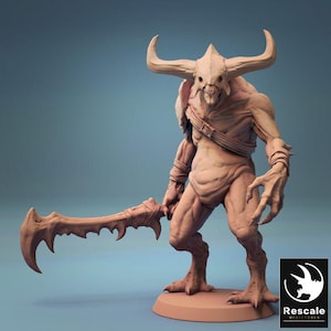 May include: A tan-coloured, detailed figurine of a horned demon holding a curved blade. The demon has a skeletal face, muscular physique, and stands on a circular base. The Rescale Miniatures logo is in the bottom right corner.