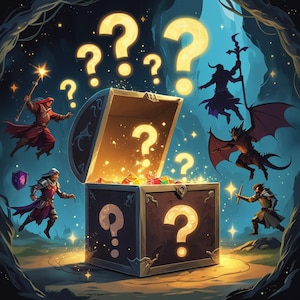 Può includere: Uno scrigno del tesoro con un interno luminoso e punti interrogativi sul coperchio e sui lati. Lo scrigno è circondato da personaggi e punti interrogativi luminosi.