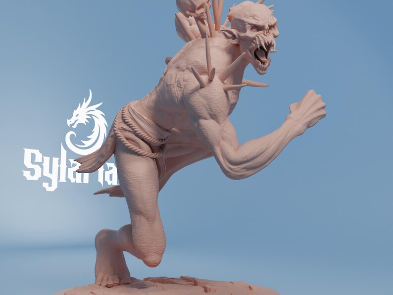 Puede incluir: Escultura de color melocot&oacute;n claro de una criatura monstruosa en una pose din&aacute;mica. La figura tiene dientes afilados, p&uacute;as y un detalle similar a una cuerda alrededor de la cintura. El logotipo de Sylaria es visible.