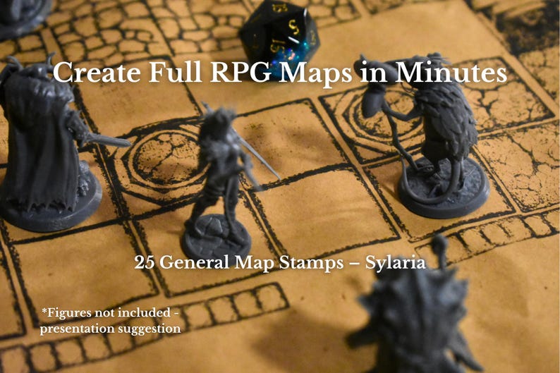 K&ouml;nnte beinhalten: Ein beigefarbenes Blatt Papier mit schwarzem Gittermuster und dem Text Create Full RPG Maps in Minutes sowie 25 General Map Stamps - Sylaria. Ein dunkelblauer zwanzigseitiger W&uuml;rfel und vier graue Fantasy-Figuren liegen auf dem Gitter.