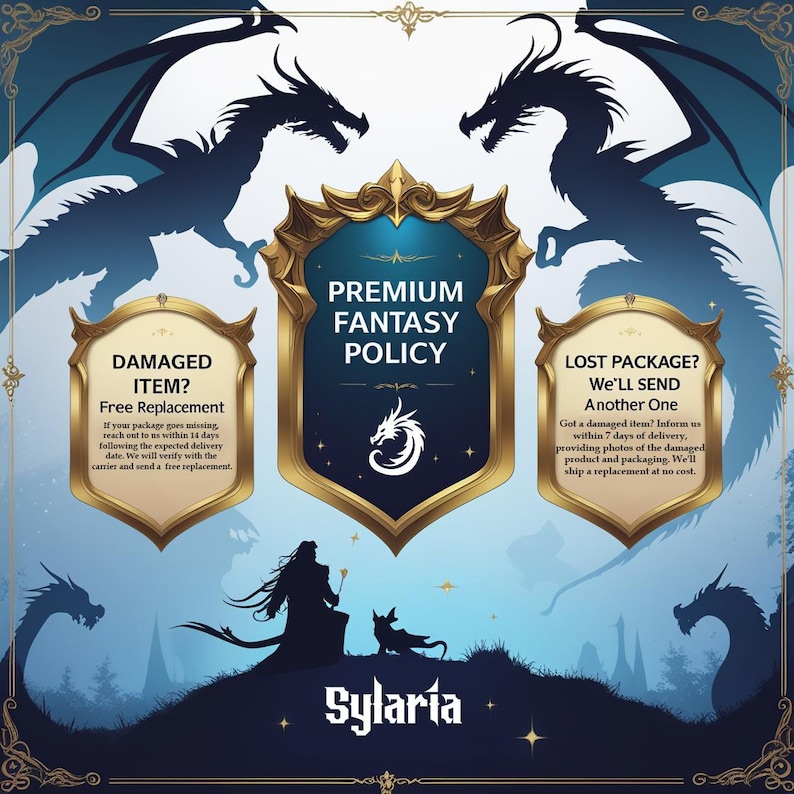 Pu&ograve; includere: Grafica a tema fantasy con una combinazione di colori blu scuro e oro. L'immagine presenta sagome di draghi, un emblema centrale con il testo "Premium Fantasy Policy" e testo relativo alla sostituzione gratuita di articoli danneggiati o smarriti. Il logo Sylaria &egrave; in basso.