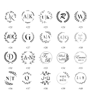 May include: A set of 40 black and white rubber stamps with different designs. The stamps feature initials, names, and phrases like "Save the Date" and "Natural Beauty".