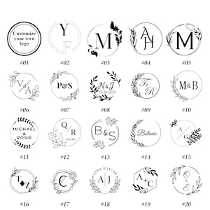 May include: Twenty black and white illustrations of different monogram designs with floral elements. Each design is numbered from 01 to 20. The designs include initials, names, and dates.