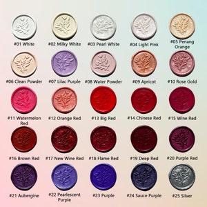May include: Twenty-five different colors of wax seals, each with a leaf design. The wax seals are numbered from 1 to 25, with the color and number listed below each seal.