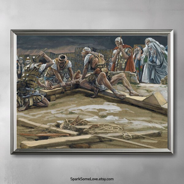 The First Nail by James Tissot, art print from the original painting christian religious historic vintage easter Jesus Christ crucifixion