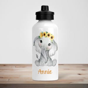 Personalised Elephant Water Bottle - Sunflower Crown Design | Back To School Personalised Water Bottle | Custom Water Bottle Kids | Elephant