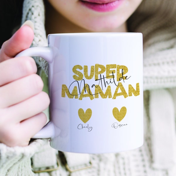 MUG Fête des mères personnalisé Super maman prénoms enfants sous le coeur et doré pailleté tasse en métal émaillé