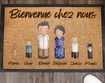 Paillasson Famille de Bienvenue personnalisé, tapis d'entrée à l'image de votre famille avec vos animaux chat ou chien petit et grand modèle