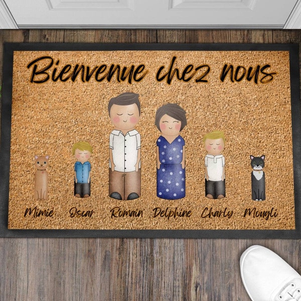 Paillasson Famille de Bienvenue personnalisé, tapis d'entrée à l'image de votre famille avec vos animaux chat ou chien petit et grand modèle