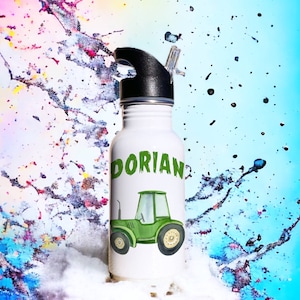 Green tractor nursery water bottle with personalized name / Nursery water bottle / Water bottle / Children&#39;s gift