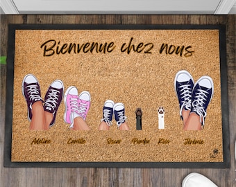 Personalized doormat Family in sneakers, entrance mat with crossed feet on a imitation coconut fiber background. Custom printed