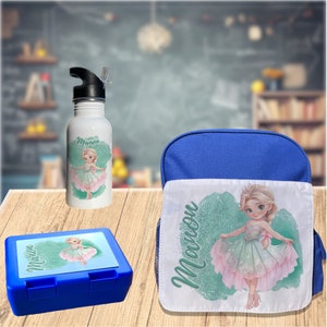 Kit personnalisé rentrée chez nounou ou école : Boîte à Goûter, gourde et Cartable Danseuse Ballerine verte et rose pour fille avec prénom