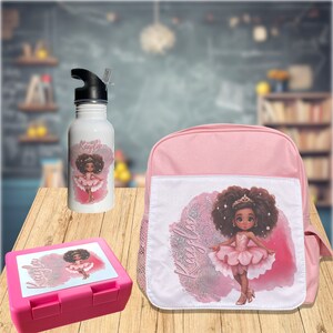 Lot Boite à Goûter Cartable et gourde à bec Danseuse Ballerine Afro-Africaine, prénom personnalisé, inclusion, noire, blackmatters