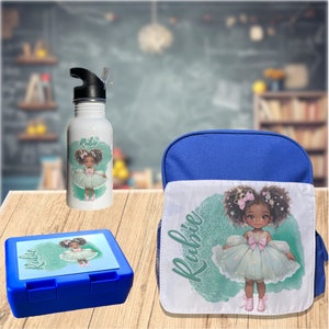 Gourde, Boîte à Goûter, Cartable Danseuse Ballerine noire verte avec prénom personnalisé/Lunchbox/Cadeau enfant kit rentrée