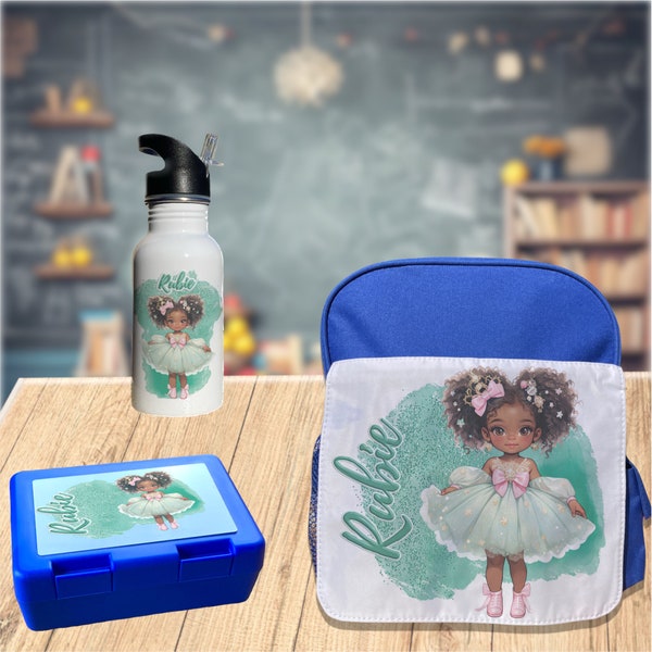 Boîte à Goûter Danseuse Ballerine afro verte pour fille avec prénom personnalisé/Lunchbox/Cadeau enfant kit maternelle Boite+gourde+cartable