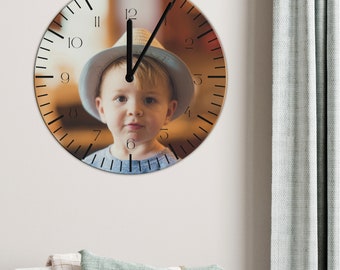 Personalized child photo clock, in smooth glass 29 cm or 18 cm