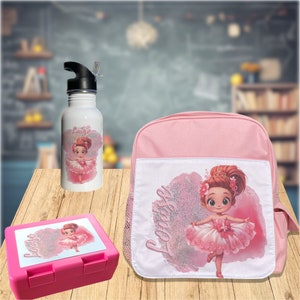 Danseuse étoile en tutu sur Gourde, Boite à goûter et Cartable pour fille avec prénom personnalisé. Cadeau enfant kit maternelle