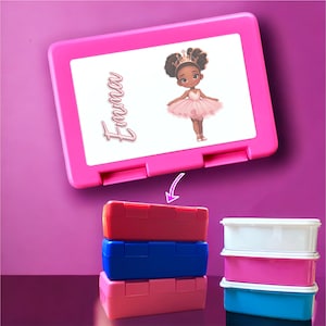 Boite à Goûter personnalisé Danseuse Ballerine noire pour fille avec prénom/ Robe Rose princesse / kit maternelle Boite + gourde + cartable
