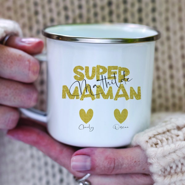 MUG Tasse Fête des mères personnalisé Super maman prénoms enfants sous le coeur et doré pailleté tasse en métal émaillé